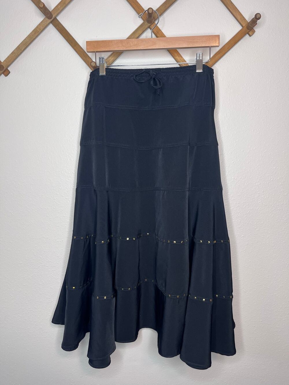 Prologue Black Tiered Midi Skirt Drawstring Waist Flounce Hem